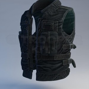 May include: Black tactical vest with multiple pockets, straps, and a zip closure. The vest has a quilted texture and reinforced stitching. It features various compartments and adjustable straps for a secure fit. The vest is designed for utility and protection.