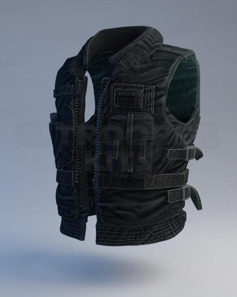 May include: Black tactical vest with multiple pockets, straps, and a zip closure. The vest has a quilted texture and reinforced stitching. It features various compartments and adjustable straps for a secure fit. The vest is designed for utility and protection.
