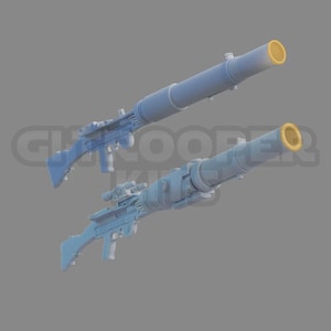 May include: Two blue plastic toy blasters with a futuristic design. The blasters have a long barrel and a scope on top. The blasters are angled and positioned in a way that shows the details of the design.