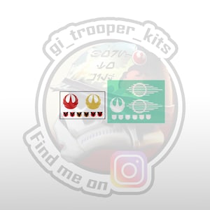 May include: A sticker sheet with a Rebel Alliance symbol, a Rebel Alliance logo, and a Rebel Alliance helmet design. The sticker sheet is labeled "gi_trooper_kits" and "Find me on" with an Instagram logo.