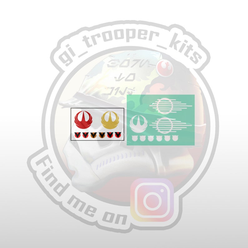 May include: A sticker sheet with a Rebel Alliance symbol, a Rebel Alliance logo, and a Rebel Alliance helmet design. The sticker sheet is labeled "gi_trooper_kits" and "Find me on" with an Instagram logo.