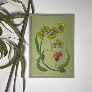 Mallee Flower Fairy Card - Australian Bush Fairy, 100% recycled card and envelope, Hand painted, Native Australian bird feather