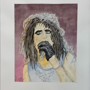 May include: A watercolor painting of a person with long black hair singing into a microphone. The person is wearing a black glove on one hand and a white tank top. The background is a purple watercolor wash.