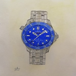 Puede incluir: Una pintura de acuarela de un reloj de pulsera con esfera azul, agujas plateadas y una banda plateada. La esfera del reloj tiene la palabra "Omega" impresa en ella.