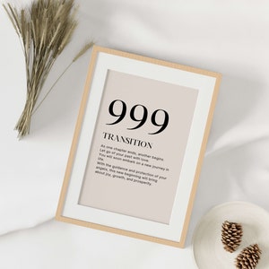 May include: A framed print with a beige background and black text. The text reads "999 TRANSITION As one chapter ends, another begins. Let go of your past with love. You will soon embark on a new journey in life. With the guidance and protection of your angels, this new beginning will bring about joy, growth, and prosperity."