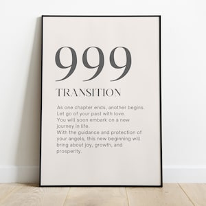 May include: A black framed poster with the number 999 and the word "TRANSITION" printed in gray. The poster includes a message about letting go of the past and embracing a new journey in life.