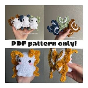May include: PDF pattern for crocheting a plush butterfly toy. The pattern includes instructions for making a white butterfly with orange wings, a green butterfly with white wings, and a blue butterfly with white wings.
