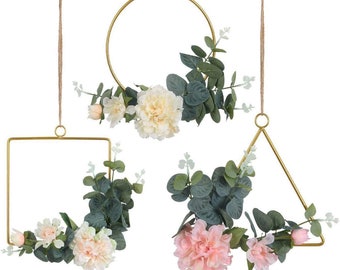 Floral Hoop Wreath Set of 3 Artificial Peony Flower and Eucalyptus Wreath Vine for Wedding Party Backdrop Decor-Flower Wreath