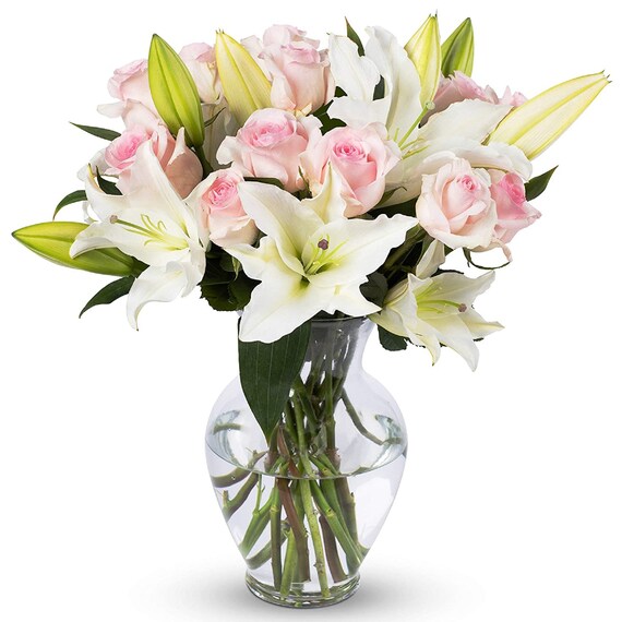 Fresh Flowers With Vase Light Pink Roses and White Oriental Lilies fresh Cut Flowers happy Thanksgiving thanksgiving Ideas Etsy