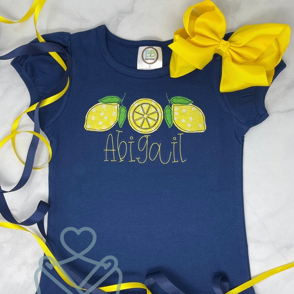 Lemons Three in a Row embroidered applique personalized girls ruffle shirt, baby bodysuit or infant gown