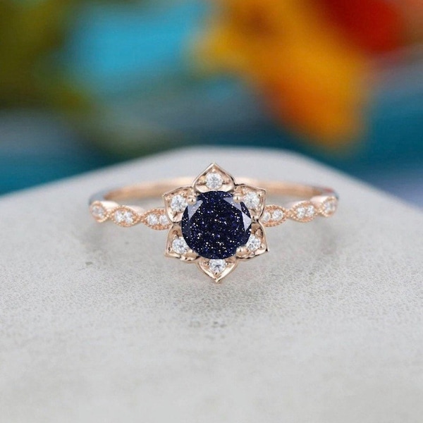 Round Shaped Natural Blue Sandstone Engagement Ring, Dainty Promise Ring, Wedding Ring, Bridal Ring, Vintage Ring, Night Sky Ring, Gift Her