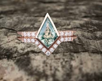 Kite cut green moss agate ring rose gold 6 prong art deco unique engagement ring women dainty diamond ring Personalized anniversary gift