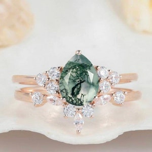 Natural Moss Agate Ring-Pear Shaped-Gold Ring-Silver Ring-Delicate Ring-Stacking Ring-Promise-Anniversary Ring for Women-Christmas Gift-Ring