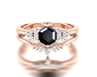14k Rose Gold Plated Black Onyx Ring Set, Onyx Wedding Band, Gorgeous CZ Ring, Rose Gold Engagement Ring, Silver Dual Ring Set, Hexagon Cut