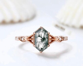 Vintage Sterling Silver Hexagon Moss Agate Ring Set