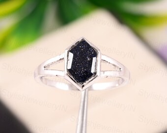 Handmade Sterling Silver Blue Sandstone Ring: Art Deco Promise Ring