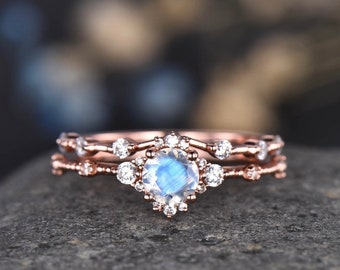 Moonstone Engagement Ring Set: Rose Gold Floral Diamond Wedding Band