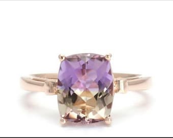 Natural Ametrine Sterling Silver Ring: Emerald Cut Duo Color
