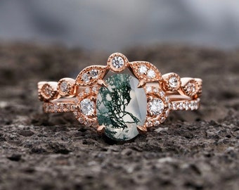 Moss Agate Ring Set-Oval Shaped-Rose Gold Ring-Silver Ring-Delicate Ring-Stacking Ring-Promise-Anniversary Ring for Women-Christmas Gift