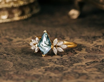 Moss Agate Ring, Moss Agate & Moissanite 14k gold Plated Art Deco unique wedding Ring, promise Anniversary ring, Gift For Her