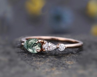 Vintage Moss Agate Engagement Ring: Pear Cut, Art Deco Rose Gold Wedding Band