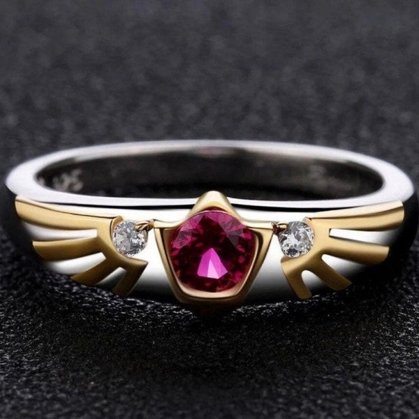 Zelda Breath of the Wild Goron’s Ruby & Hylian Shield Sterling 925 Silver Engagement Ring, Anime Rig-Anime Jewelry-The Legend of Zelda Ring