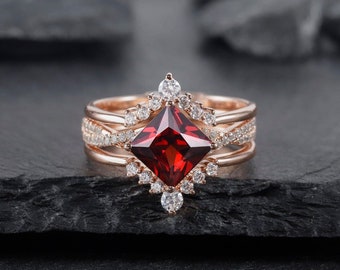 Princess Cut Garnet Ring Set: Rose Gold CZ Sterling Silver Bridal Set