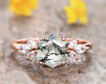 Natural Moss Agate Ring: Hexagon Cut Sterling Silver Solitaire