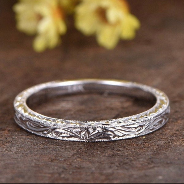 Floral Engraved Sterling Silver Band, Vintage Wedding Ring