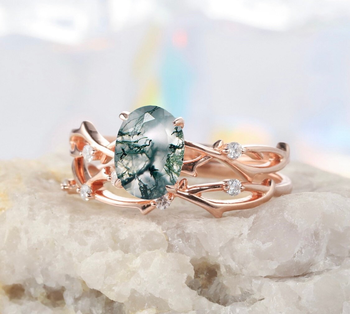 Oval Moss Agate Engagement Ring Set: Vintage Rose Gold Bridal Promise