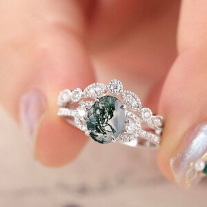 Vintage Oval Moss Agate Diamond Ring Set: Sterling Silver Wedding Bridal Set