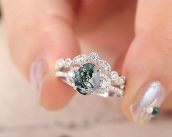 Vintage Oval Moss Agate Diamond Ring Set: Sterling Silver Wedding Bridal Set