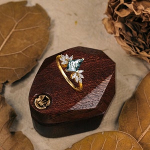 Moss Agate Ring, Moss Agate & Moissanite 14k gold Plated Art Deco unique wedding Ring, promise Anniversary ring, Gift For Her image 3