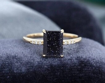 Emerald Cut Blue Sandstone Ring: 14K Gold Sterling Silver Engagement Ring
