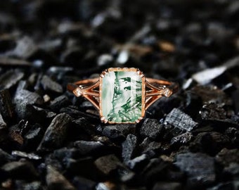Emerald Cut Moss Agate Ring, Art deco Green Gemstone Ring, Moss Agate Engagement Prong Ring Unique Promise Wedding Ring, Christmas Gifts