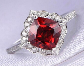 Cushion Cut Red Garnet Ring: 925 Sterling Silver Engagement Ring
