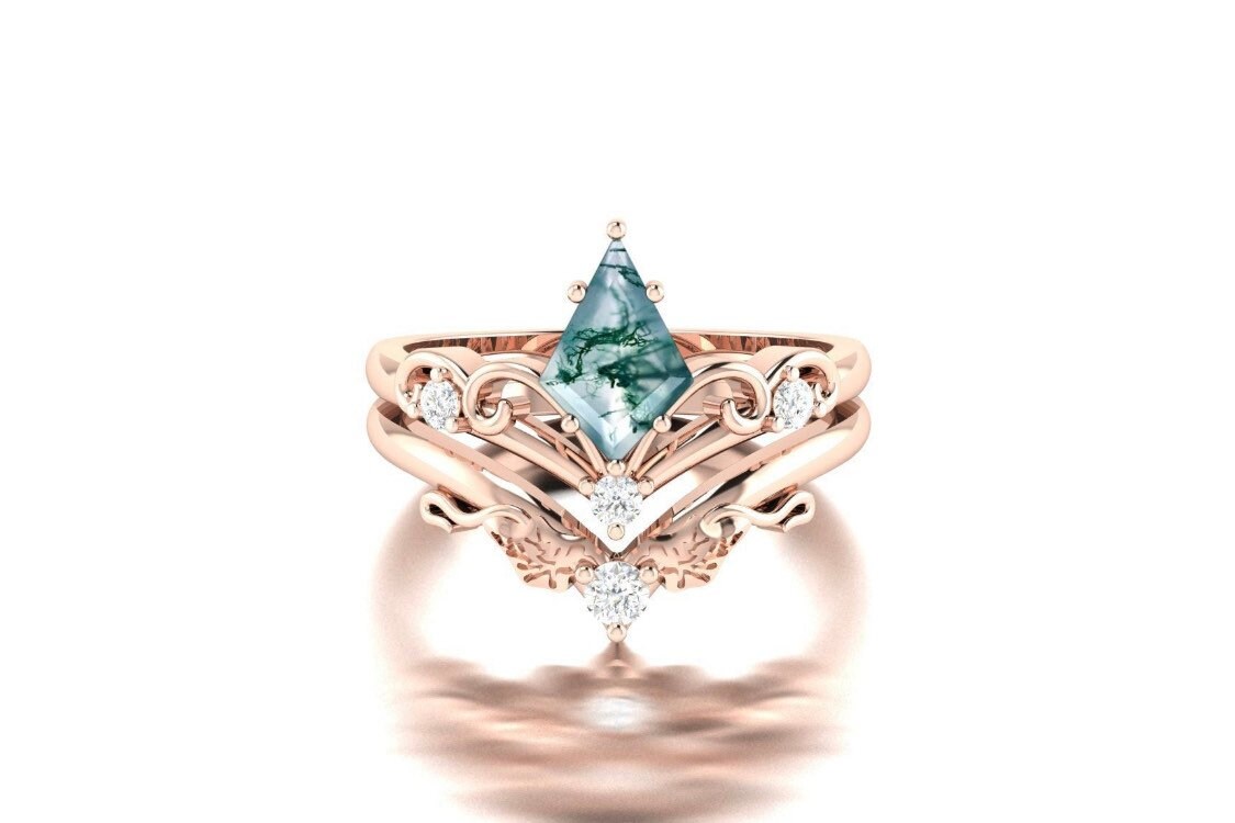 Vintage Kite Cut Moss Agate Ring Set: 14k Rose Gold CZ Bridal Rings