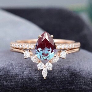 Pear Alexandrite Rose Gold Ring Set: Vintage Art Deco Bridal Promise Ring