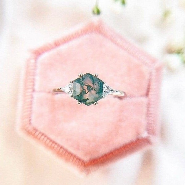 Hexagon Cut Moss Agate Ring, Hexagon Shaped Ring, Moss Ring, Moss Agate Jewelry, Women Engagement Ring, Wedding Ring, Bridal Ring