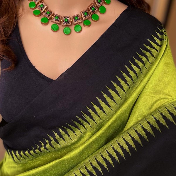 Saree en coton de soie vert perroquet avec bordure de temple noire | Saree de l’Inde du Sud | Saree de mariage | Saris États-Unis | Chemisier à coutures personnalisées