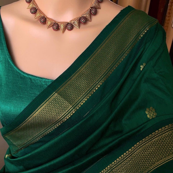 Sari VERT exclusif en coton et soie | Sari de l'Inde du Sud | Sari de mariage | Saree Etats-Unis | Chemisier à coutures personnalisées | Sari de créateur