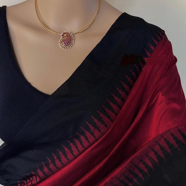 Sari rougeâtre bordeaux en soie et coton avec bordure aux branches | Sari de l'Inde du Sud | Sari de mariage | Saris Etats-Unis | Chemisier à coutures personnalisées