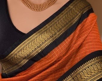 BESTSELLER SAREE  Orange color Silk Cotton Saree With Checks  | South Indian Saree | Wedding Saree | Custom Stitching blouse |Saree USA