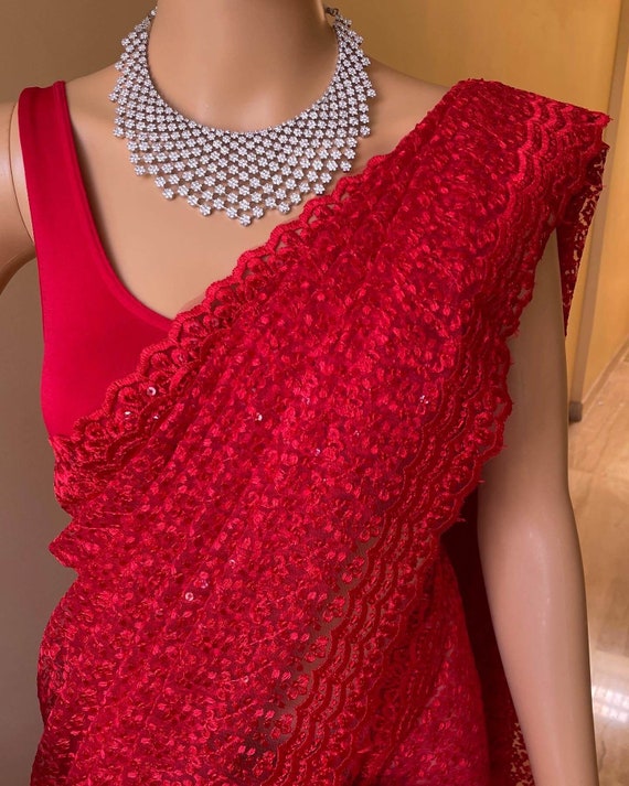 Embroidered Net Red Wedding Saree with Blouse