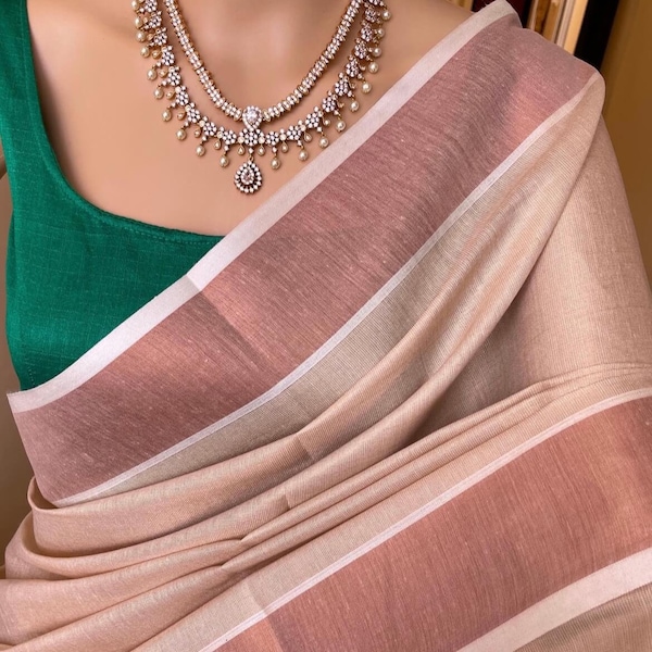 NEW Arrivals IVORY Cotton Tissue Saree With Copper Tissue Border | South Indian Saree | Wedding Saree | Sarees USA | Custom Stitching Blouse