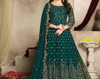 Semi stitched Indian,Pakistani Designer Long Anarkali Gown Salwar Kameez Dress Net Dupatta Wedding Reception Wear Ethnic Wear Anarkali Suits