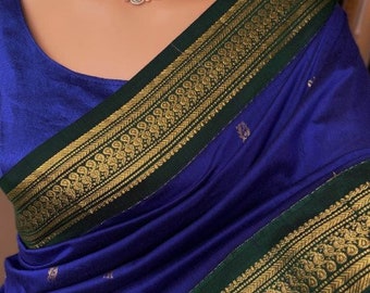 NEW ARRIVALS Pepsi Blue Cotton Silk Saree With Green Border  | South Indian Saree | Wedding Saree | Sarees USA | Custom Stitching Blouse