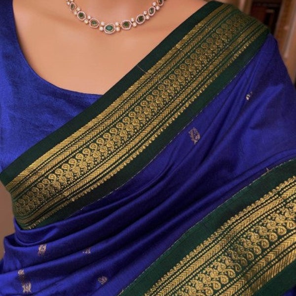 NOUVEAUTÉS Pepsi Blue Saree en coton et soie avec bordure verte | Sari du sud de l'Inde | Sari de mariage | Saris États-Unis | Chemisier à coutures personnalisées