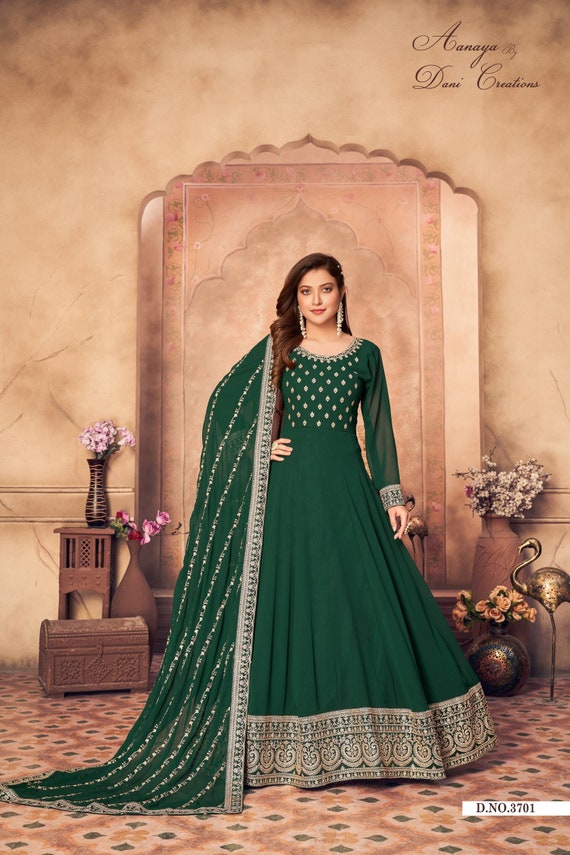 GREEN THREAD AND SEQUINCE EMBROIDERED WORK GEORGETTE ANARKALI LONG SALWAR  SUIT DUPATTA GOWN SEMI STITCHED - SHUBHKALA - 4088784