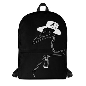 May include: Black backpack featuring a white outline of a skeleton wearing a hat. The skeleton is holding a small bottle in one hand.